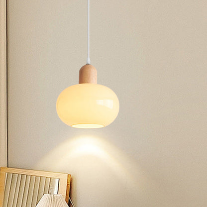 Contemporary Nordic Round Wood Glass 1-light Pendant Light for Living Room