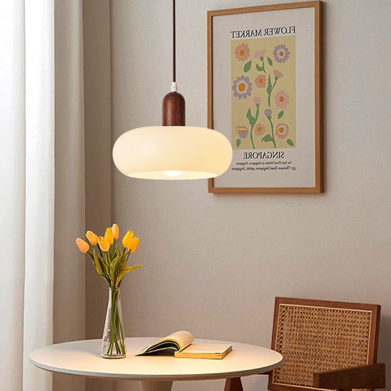 Contemporary Nordic Round Wood Glass 1-light Pendant Light for Living Room BulbSquare