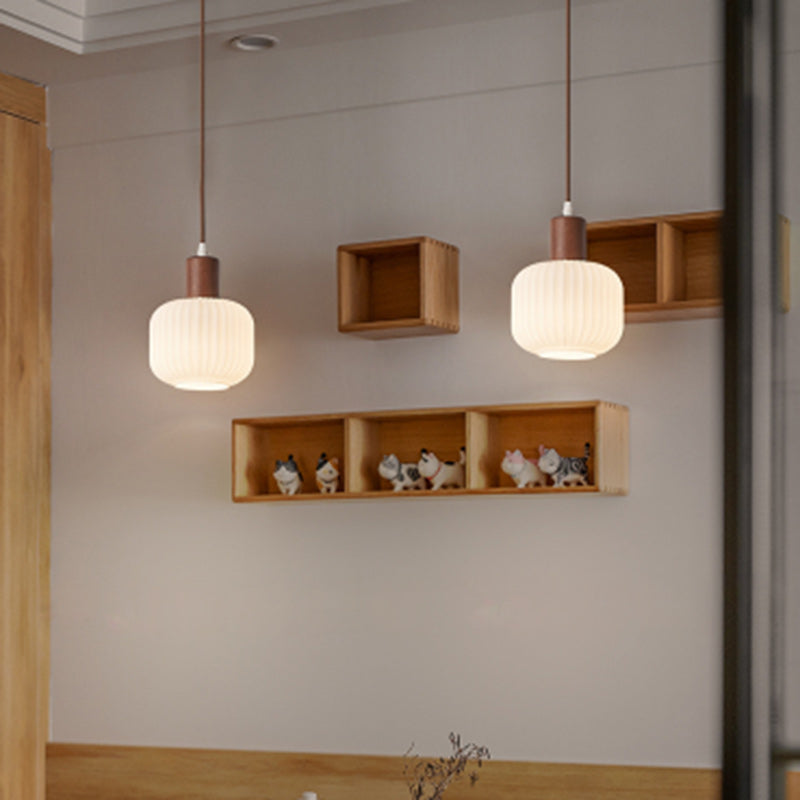 Contemporary Nordic Round Wood Glass 1-light Pendant Light for Living Room BulbSquare