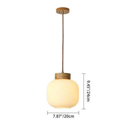 Traditional Japanese Round Wood Glass 1-Light Pendant Light For Living Room