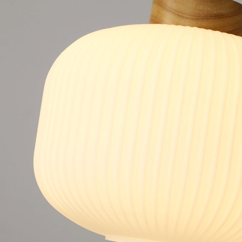 Traditional Japanese Round Wood Glass 1-Light Pendant Light For Living Room