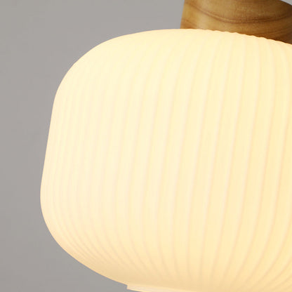 Traditional Japanese Round Wood Glass 1-Light Pendant Light For Living Room