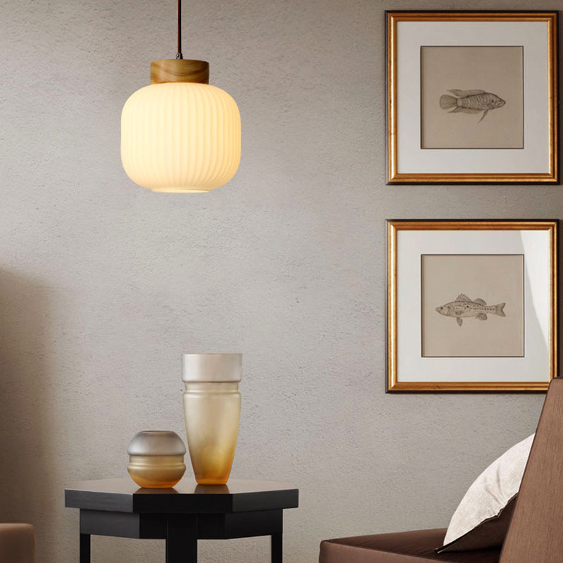 Traditional Japanese Round Wood Glass 1-Light Pendant Light For Living Room