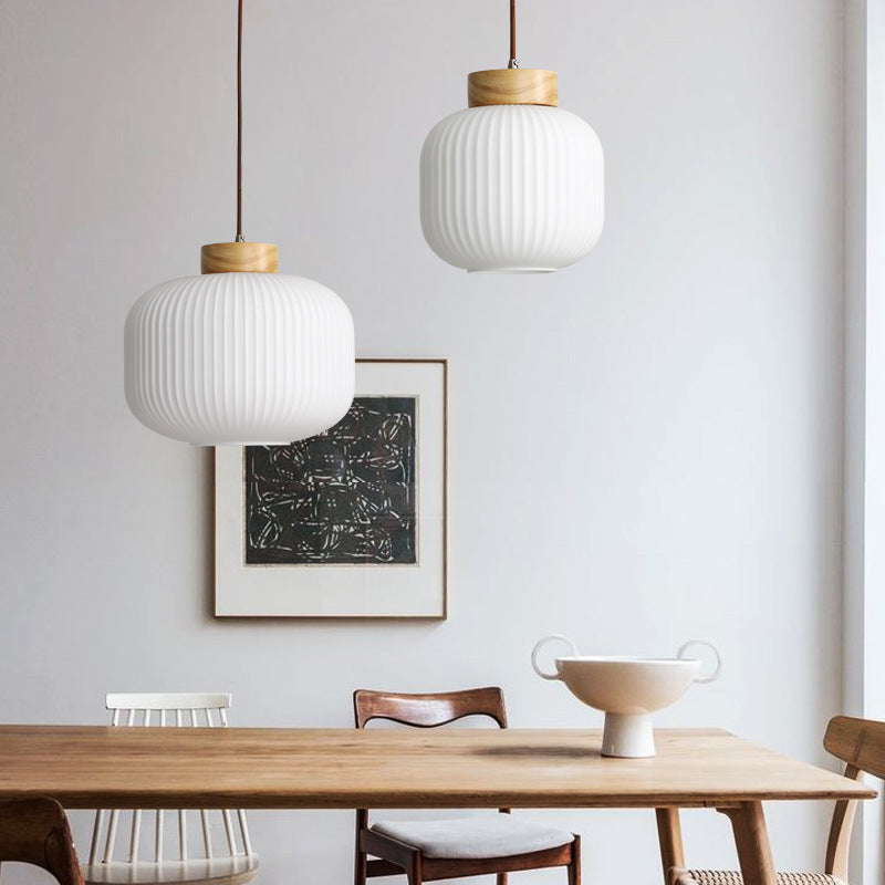 Traditional Japanese Round Wood Glass 1-Light Pendant Light For Living Room