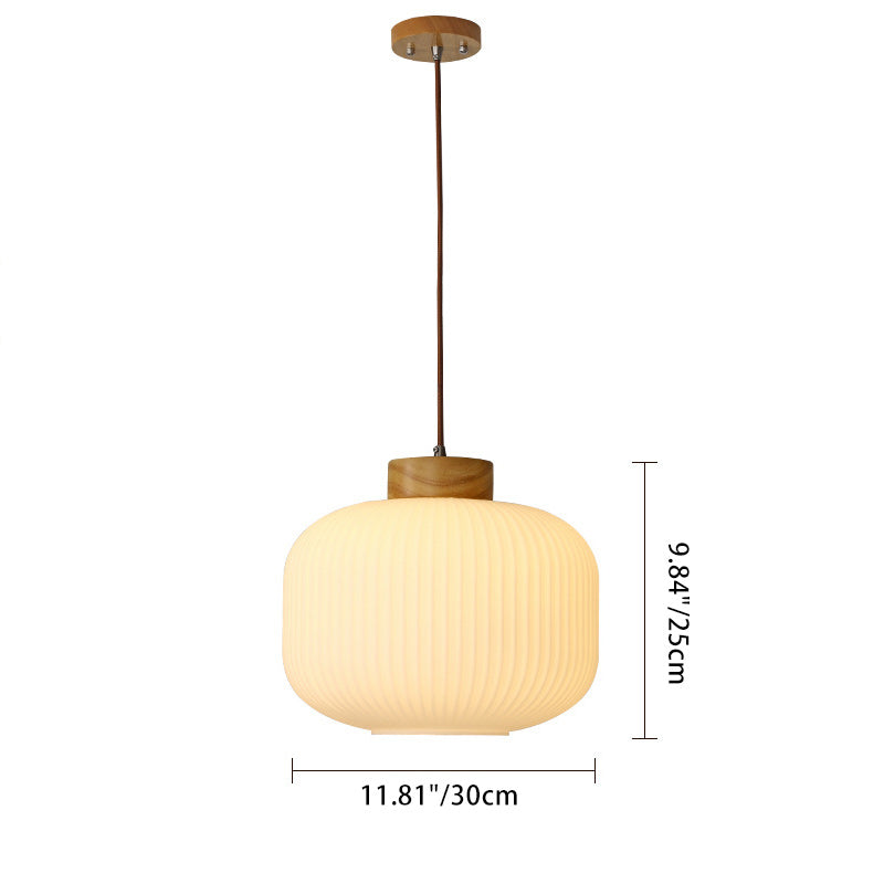 Traditional Japanese Round Wood Glass 1-Light Pendant Light For Living Room