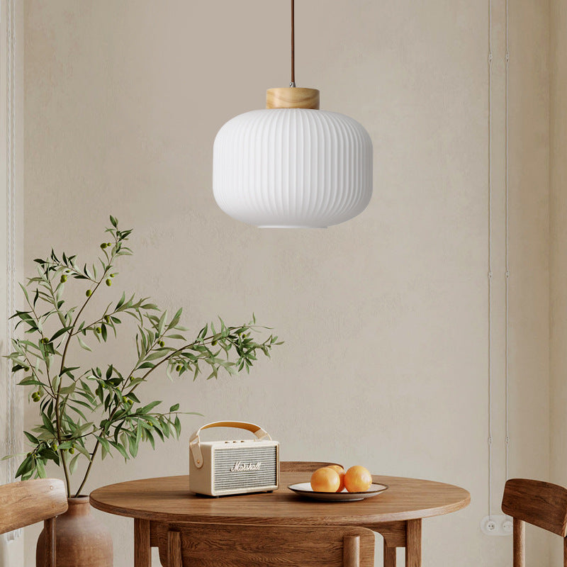 Traditional Japanese Round Wood Glass 1-Light Pendant Light For Living Room