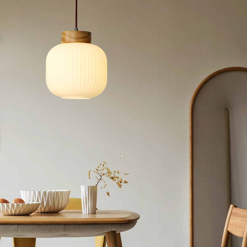 Traditional Japanese Round Wood Glass 1-Light Pendant Light For Living Room