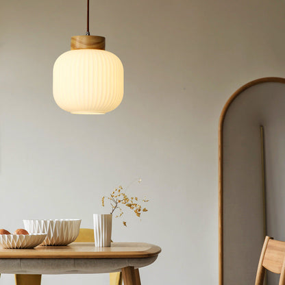 Traditional Japanese Round Wood Glass 1-Light Pendant Light For Living Room
