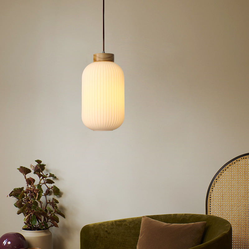 Traditional Japanese Round Wood Glass 1-light Pendant Light for Living Room BulbSquare