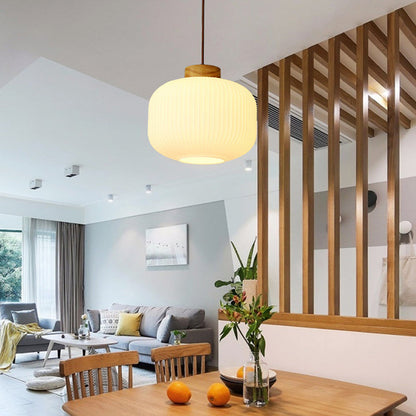 Traditional Japanese Round Wood Glass 1-Light Pendant Light For Living Room