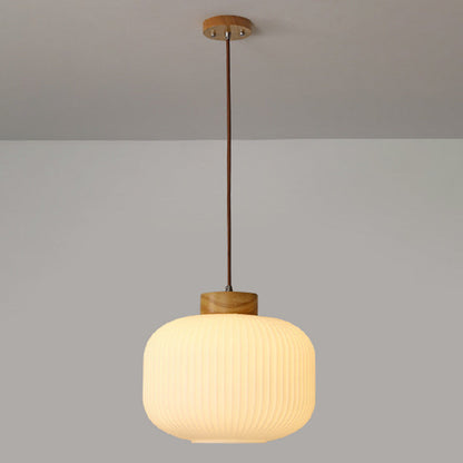 Traditional Japanese Round Wood Glass 1-Light Pendant Light For Living Room