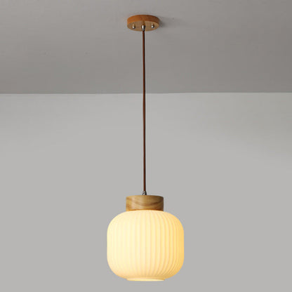 Traditional Japanese Round Wood Glass 1-Light Pendant Light For Living Room