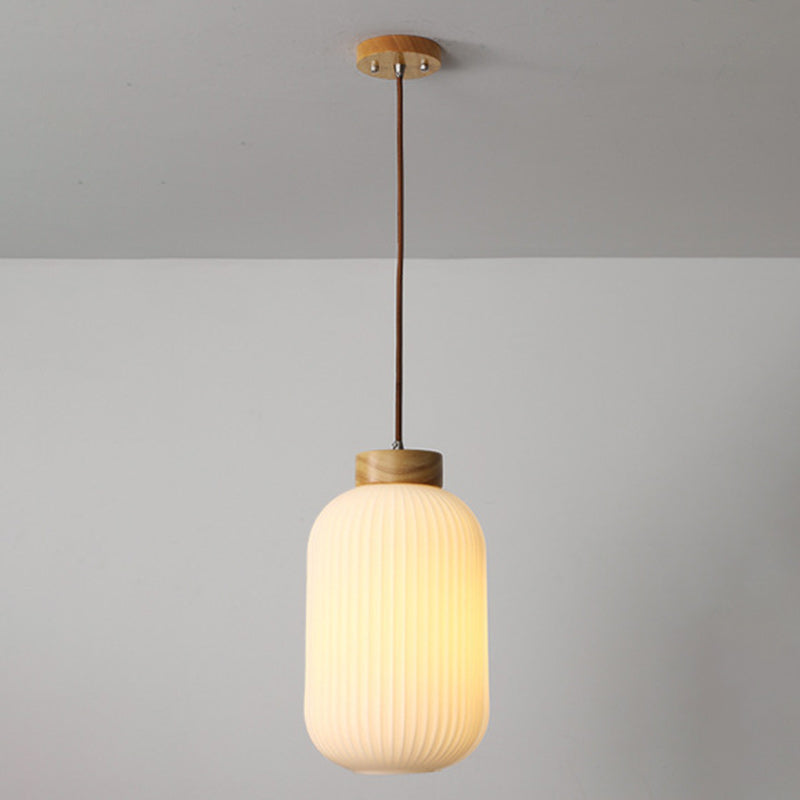 Traditional Japanese Round Wood Glass 1-Light Pendant Light For Living Room