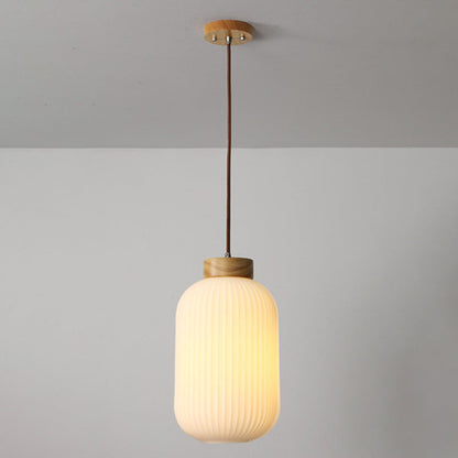 Traditional Japanese Round Wood Glass 1-Light Pendant Light For Living Room