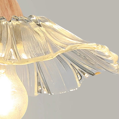 Traditional Chinese Round Wood Glass 1-Light Pendant Light For Living Room