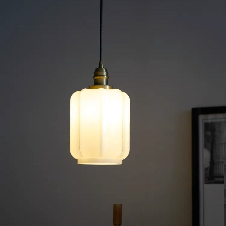 Traditional Japanese Column Copper Glass 1-light Pendant Light for Living Room