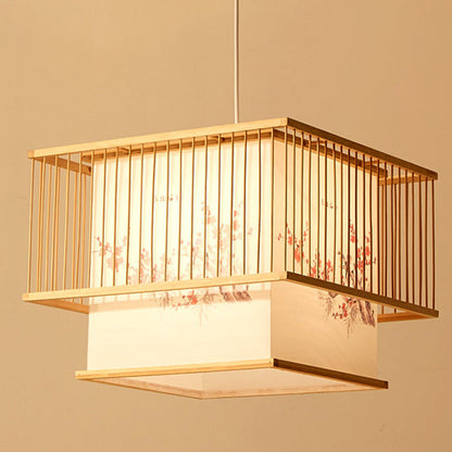 Traditional Chinese Rectangular Wood Plastic 1-Light Pendant Light For Living Room