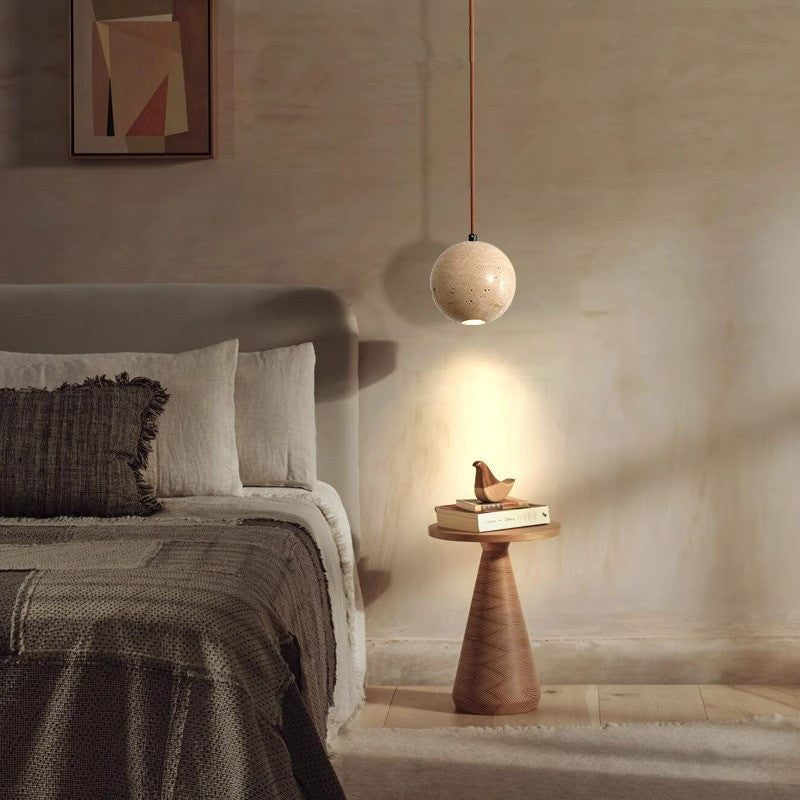 Traditional Japanese Globe Stone Wood Glass 1-light Pendant Light for Living Room