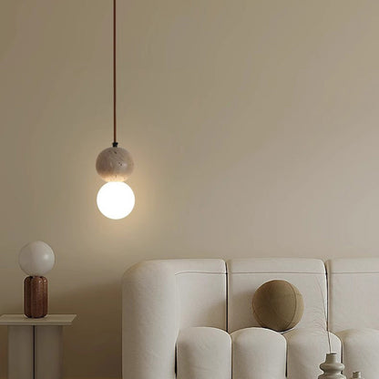 Traditional Japanese Globe Stone Wood Glass 1-light Pendant Light for Living Room