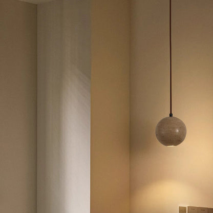 Traditional Japanese Globe Stone Wood Glass 1-light Pendant Light for Living Room