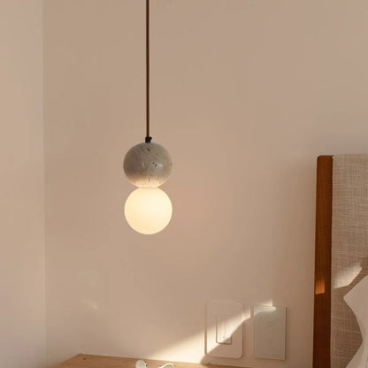 Traditional Japanese Globe Stone Wood Glass 1-light Pendant Light for Living Room