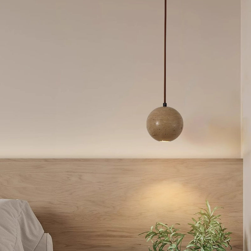 Traditional Japanese Globe Stone Wood Glass 1-light Pendant Light for Living Room