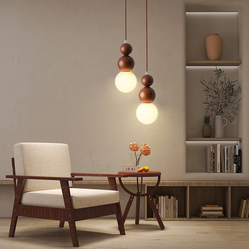Traditional Japanese Spherical Wood Glass 1-light Pendant Light for Living Room