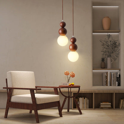 Traditional Japanese Spherical Wood Glass 1-light Pendant Light for Living Room