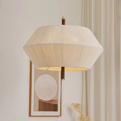 Traditional Japanese Oval Copper Wood Fabric 1/2/3-Light Pendant Light For Living Room