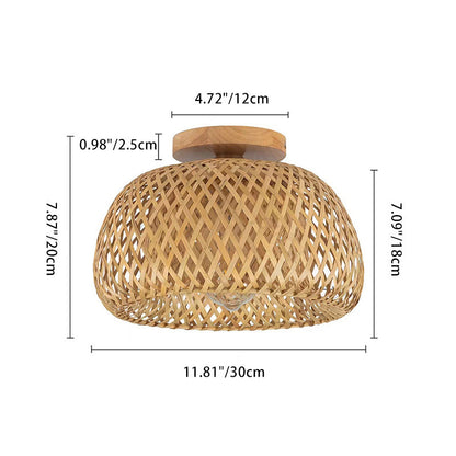 Traditional Chinese Round Wood Rattan 1-light Semi-flush Mount Ceiling Light for Dining Room