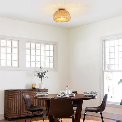 Traditional Chinese Round Wood Rattan 1-light Semi-flush Mount Ceiling Light for Dining Room