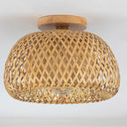 Traditional Chinese Round Wood Rattan 1-light Semi-flush Mount Ceiling Light for Dining Room