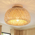 Traditional Chinese Round Wood Rattan 1-light Semi-flush Mount Ceiling Light for Dining Room