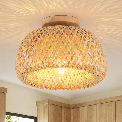 Traditional Chinese Round Wood Rattan 1-light Semi-flush Mount Ceiling Light for Dining Room