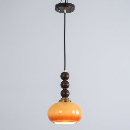 Traditional Vintage Oval Iron Wood Glass 1-Light Pendant Light For Living Room