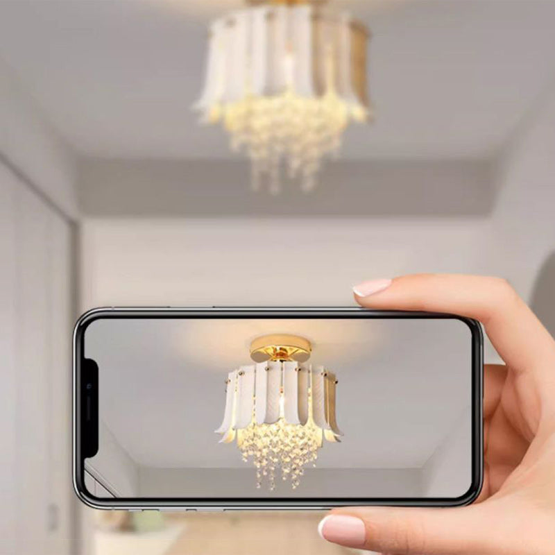 Traditional Vintage Teardrop Iron Ceramic Crystal 1-Light Semi-Flush Mount Ceiling Light For Living Room