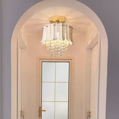 Traditional Vintage Teardrop Iron Ceramic Crystal 1-Light Semi-Flush Mount Ceiling Light For Living Room