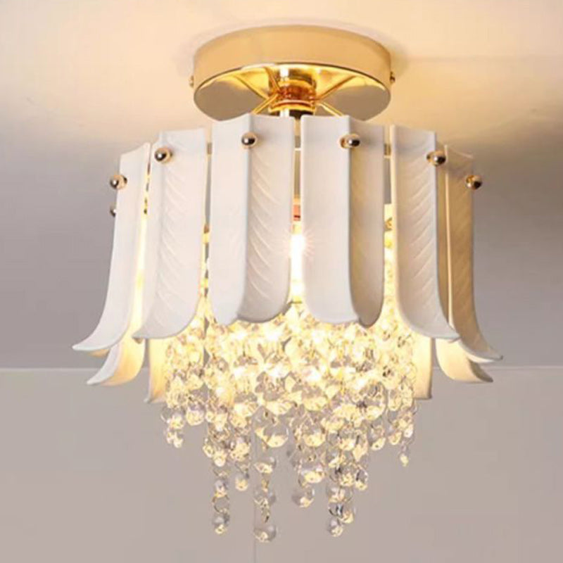 Traditional Vintage Teardrop Iron Ceramic Crystal 1-Light Semi-Flush Mount Ceiling Light For Living Room