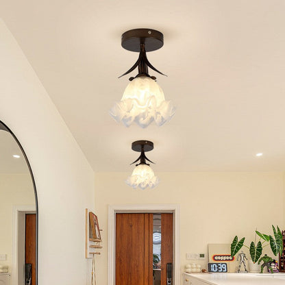 Traditional Vintage Flower Iron Glass 1-Light Semi-Flush Mount Ceiling Light For Living Room