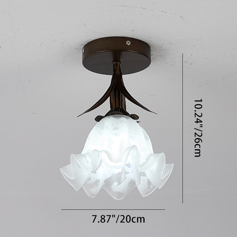 Traditional Vintage Flower Iron Glass 1-Light Semi-Flush Mount Ceiling Light For Living Room