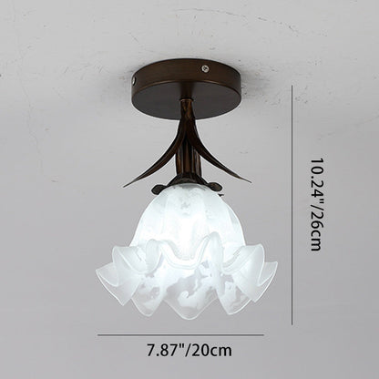 Traditional Vintage Flower Iron Glass 1-Light Semi-Flush Mount Ceiling Light For Living Room