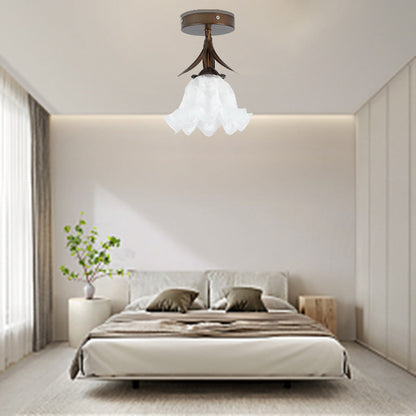 Traditional Vintage Flower Iron Glass 1-Light Semi-Flush Mount Ceiling Light For Living Room