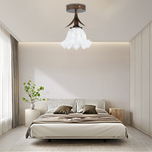Traditional Vintage Flower Iron Glass 1-Light Semi-Flush Mount Ceiling Light For Living Room