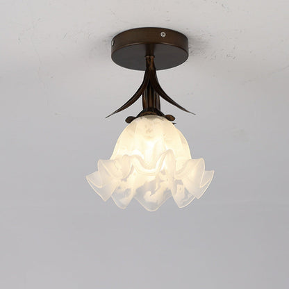 Traditional Vintage Flower Iron Glass 1-Light Semi-Flush Mount Ceiling Light For Living Room