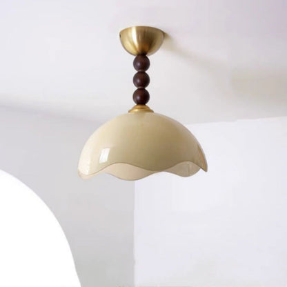 Traditional Vintage Dome Iron Wood Glass 1-Light Semi-Flush Mount Ceiling Light For Living Room