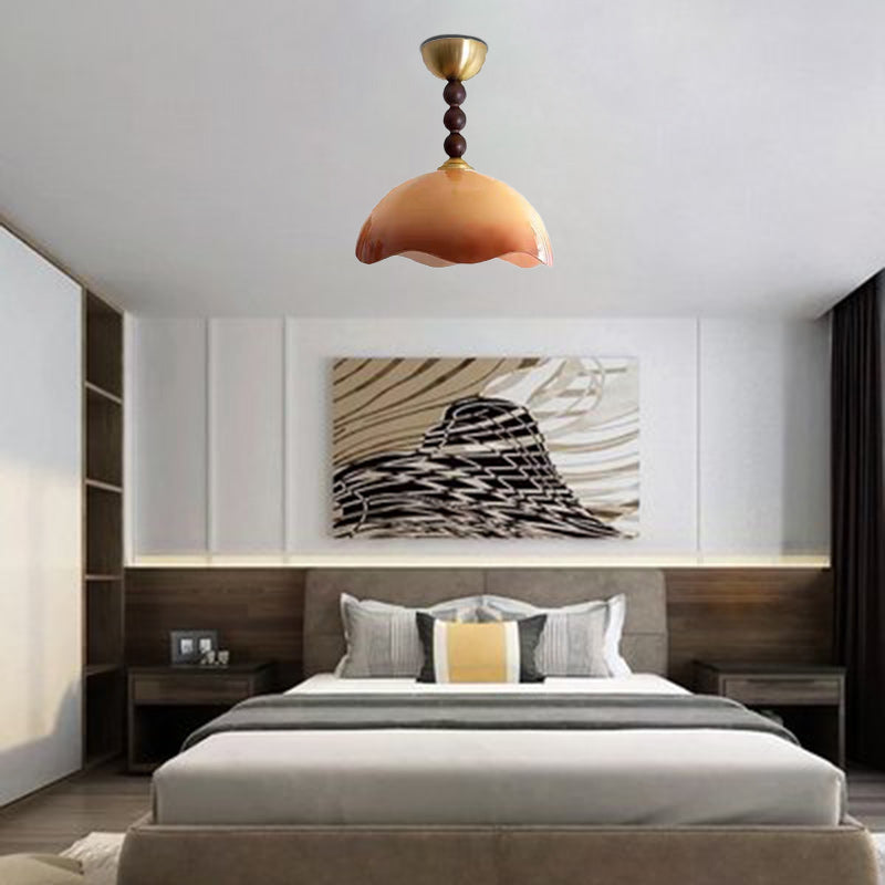 Traditional Vintage Dome Iron Wood Glass 1-Light Semi-Flush Mount Ceiling Light For Living Room
