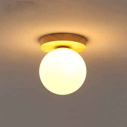 Modern Minimalist Globe Wood Glass 1-light Semi-flush Mount Ceiling Light for Living Room
