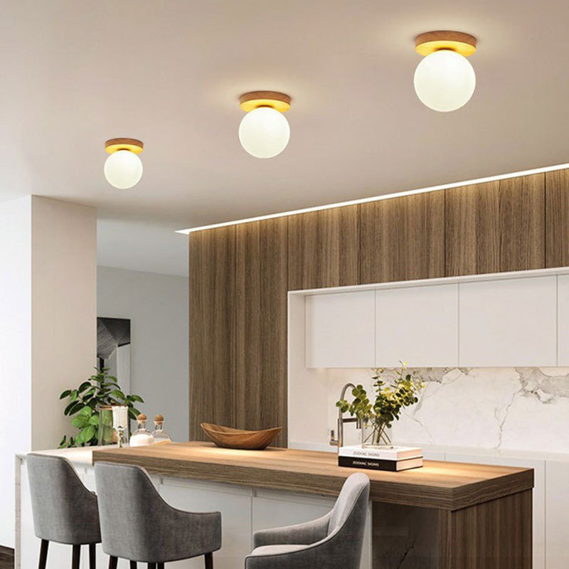 Modern Minimalist Globe Wood Glass 1-light Semi-flush Mount Ceiling Light for Living Room