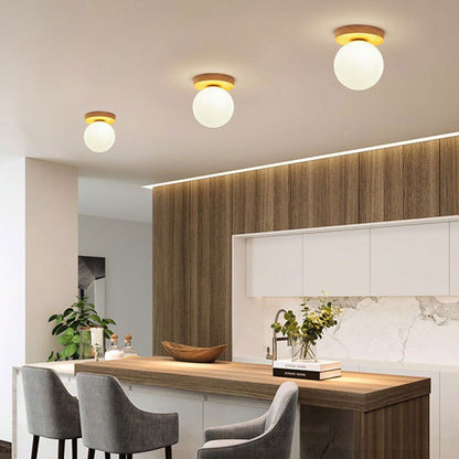 Modern Minimalist Globe Wood Glass 1-light Semi-flush Mount Ceiling Light for Living Room