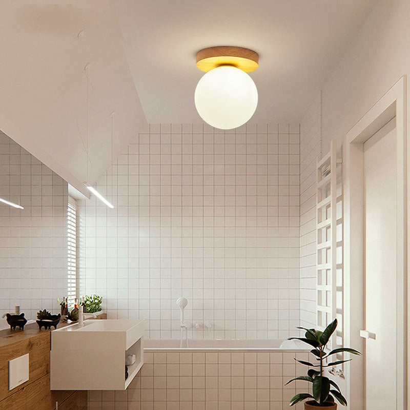 Modern Minimalist Globe Wood Glass 1-light Semi-flush Mount Ceiling Light for Living Room
